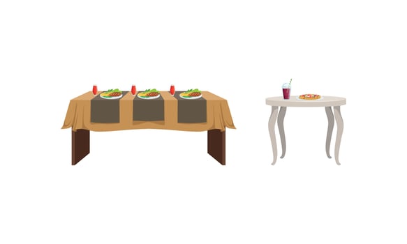 Festive Tables with Food Dishes Set, Banquet Table with Drinks and Tasty Meals Illustration vector