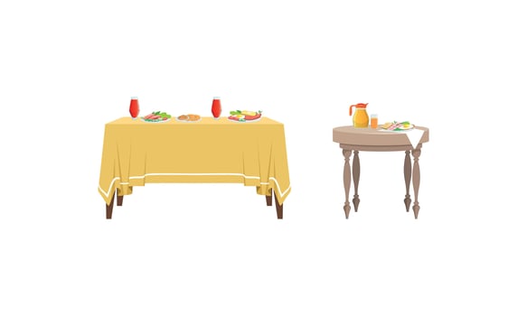 Served Tables with Tasty Food Dishes and Drinks Set Illustration vector