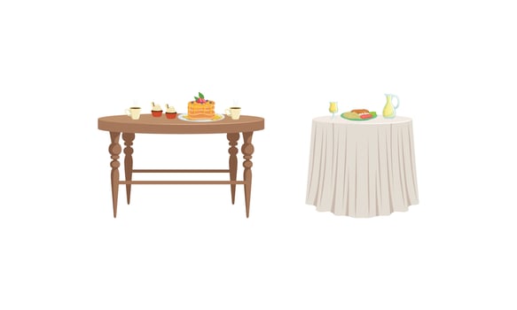 Tables with Tasty Dishes Set, Served Table with Breakfast Meals Illustration vector