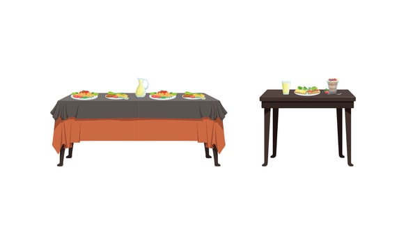 Served Tables with Food Dishes Set, Banquet Table with Drinks and Tasty Meals Illustration vector