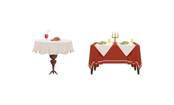 Banquet Tables with Food Dishes Set, Served Table with Drinks and Tasty Meals Illustration vector