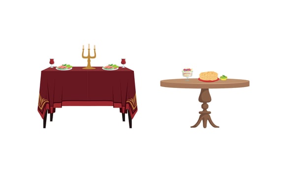 Set of Served Tables with Food Dishes and Drinks Illustration vector