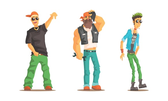 Men of Different Subcultures Set, Male Rapper, Biker, Punk Characters Cartoon Illustration vector