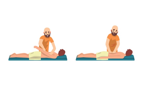 Male Professional Masseur Massaging Patient Lying on Bed Set, Beauty Salon Procedure, Spa Treatment, Chiropractic Massage, Rehabilitation Illustration vector