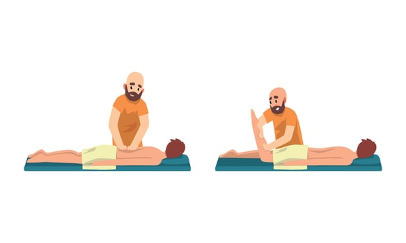Professional Masseur Massaging Patients Set, Beauty Salon Procedure, Spa Treatment, Rehabilitation Illustration vector