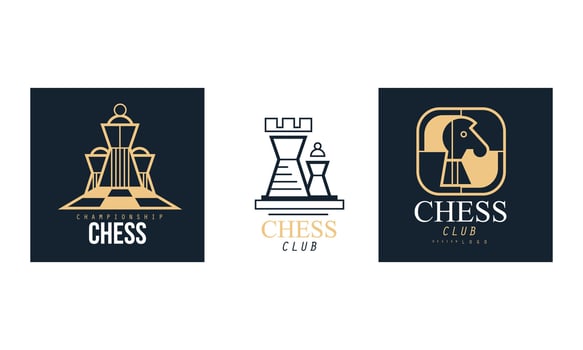 Chess Club Logo Design Set, Retro Classic Badges, Emblem of Chess Tournament, Championship Illustration vector