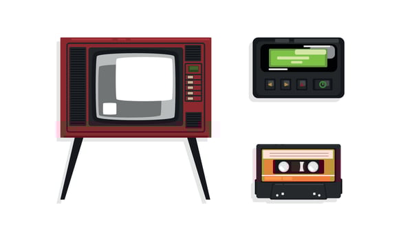 Retro Telecommunication Technologies Set, Audio Music Cassette Tape, TV in Wooden Case, Pager Cartoon Illustration vector