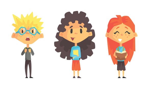 Set of Cute School Children, Teenage Boy and Girls with Long Hair Dressed Casual Clothes Cartoon Illustration vector