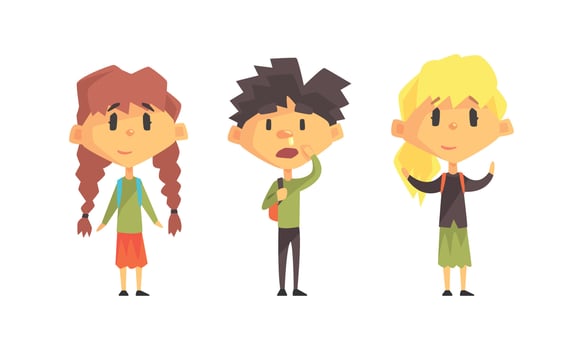 Set of Cute School Children, Funny Boys and Girls Dressed Casual Clothes Cartoon Illustration vector