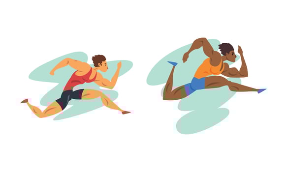 Track and Field Athletes in Action Set, Male Sprinters Runners, Marathon Race, Sport Competitions Cartoon Illustration vector