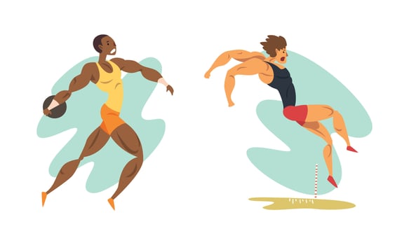 Track and Field Athletes in Action Set, Long Jump, Disc Throw Cartoon Illustration vector