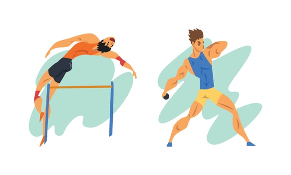 Track and Field Athletes in Action Set, Male Athletes Characters Taking Part in Sport Competitions Cartoon Illustration vector