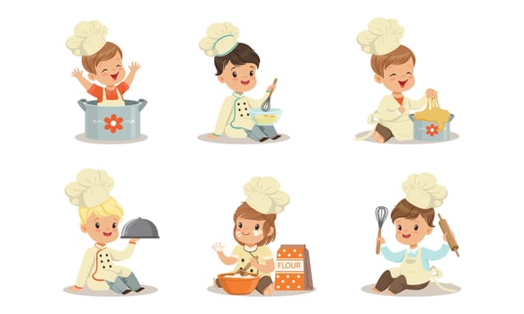 Cute Kids Chefs Characters Set, Adorable Little Children in Uniform and Chef Hat Cooking and Baking in the Kitchen Cartoon Illustration vector
