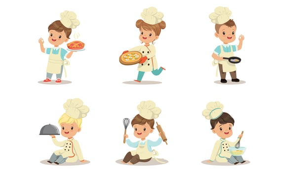 Cute Kids Chefs Set, Adorable Little Children in Uniform Cooking and Baking in the Kitchen Cartoon Illustration vector