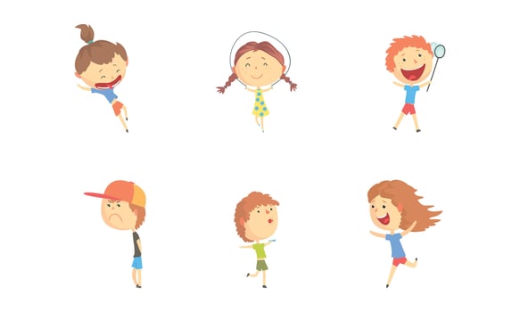 Kids Outdoor Activities Set, Cute Boys and Girls Jumping Rope, Catching Butterflies, Having Fun Cartoon Illustration vector