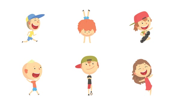 Kids Outdoor Activities Set, Cute Boys and Girls Jumping, Doing Handstand, Playing Ball, Having Fun Cartoon Illustration vector