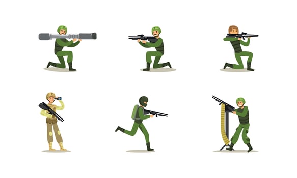 Military Army Soldiers Set, Men in Camouflage Military Clothing and Helmet with Weapon Cartoon Illustration vector