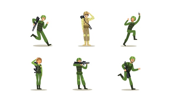 Military Army Soldiers Set, Men in Camouflage Military Clothing and Helmet in Different Actions Cartoon Illustration vector