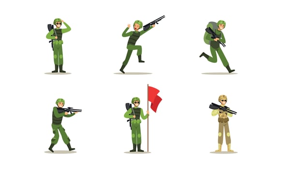 Male Army Soldiers Set, Men in Camouflage Military Clothing and Helmet in Different Actions Cartoon Illustration vector