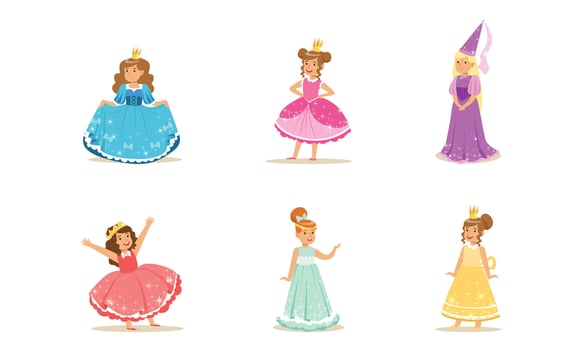Cute Girls in Princess Dresses Set, Elegant Princesses with Crowns Dressed Fairytale Costumes Cartoon Illustration vector
