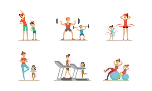 Parents and their Kids Doing Sports Together Set, Families Exercising with Barbell, Spinning Hula Hoop, Doing Yoga, Running on Treadmill Cartoon Illustration vector