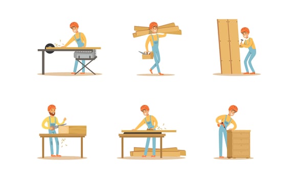 Professional Carpenters Characters Set, Men in Work Overalls Cutting Making Furniture in Workshop Illustration Cartoon Illustration vector