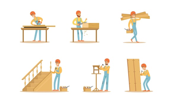 Male Carpenters Characters Set, Men in Work Overalls Cutting Making and Repairing Furniture in Workshop Illustration Cartoon Illustration vector