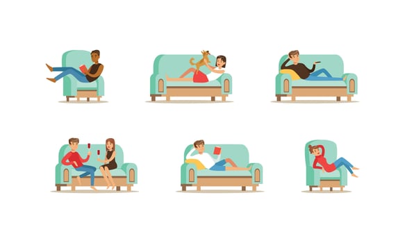 People Doing Different Activities while Sitting on Sofas Set, Young Men and Women Relaxing, Watching TV, Drinking Wine Cartoon Illustration vector