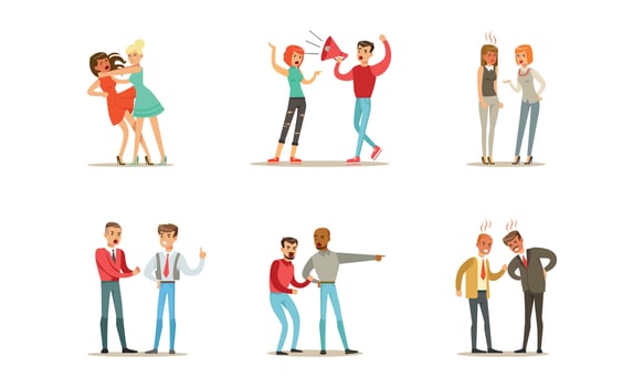 People Quarreling and Arguing Set, Male and Female Persons Sorting Things Out, Fighting and Loosing Temper in Conflict Cartoon Illustration vector