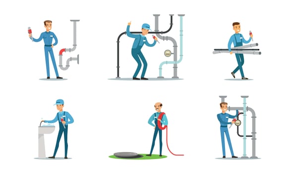 Professional Plumbers, Handymen in Blue Uniform Repairing Pipes with Tools, Repair Service and Maintenance Cartoon Illustration vector