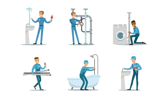 Professional Plumbers, Handymen in Blue Uniform Fixing Sanitary Engineering and Pipes, Repair Service and Maintenance Cartoon Illustration vector