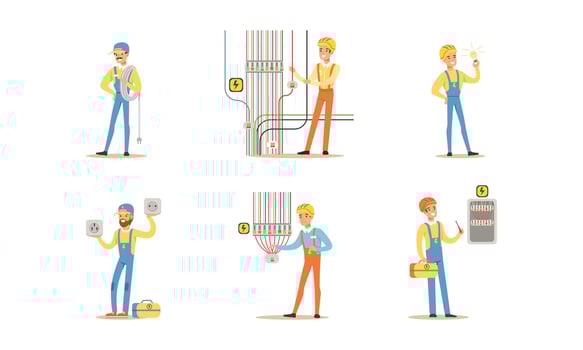 Professional Electricians, Male Electrician Engineers in Uniform and Hardhat Installing and Repairing Electrical Appliances and Transformer Cartoon Illustration vector