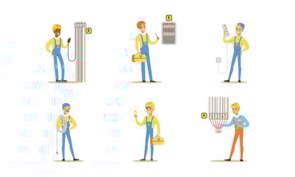 Professional Electricians, Male Electrician Engineers in Uniform Installing and Repairing Electrical Appliance, Repair Service and Maintenance Cartoon Illustration vector