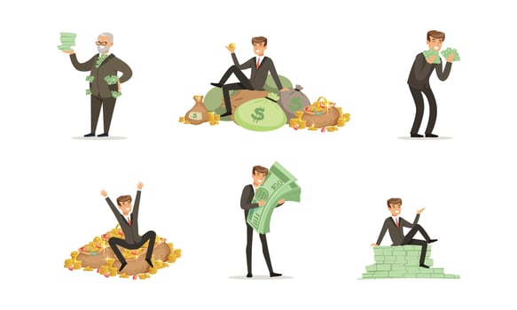 Happy Rich People Set, Men Millionaires Counting and Bathing in Money Cartoon Illustration vector