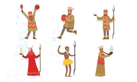 Native American Indians in Traditional Clothes, Shaman Charaters Performing Religious Ceremonies Cartoon Illustration vector