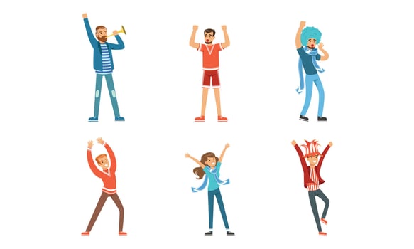 Fans Cheering for Their Team Set, Happy People Wearing Red and Blue Clothes Supporting Athletes Cartoon Illustration vector