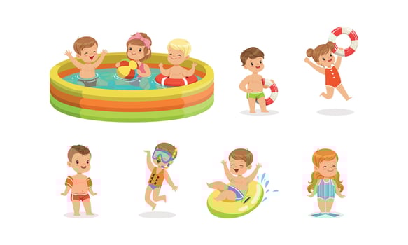 Cute Cheerful Kids Having Fun in Inflatable Swimming Pool Set, Summer Outdoor Activity Concept Cartoon Illustration vector