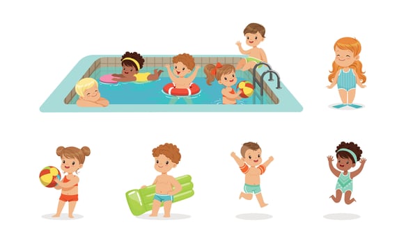 Cute Cheerful Kids Having Fun in Swimming Pool Set, Summer Outdoor Activity Concept Cartoon Illustration vector