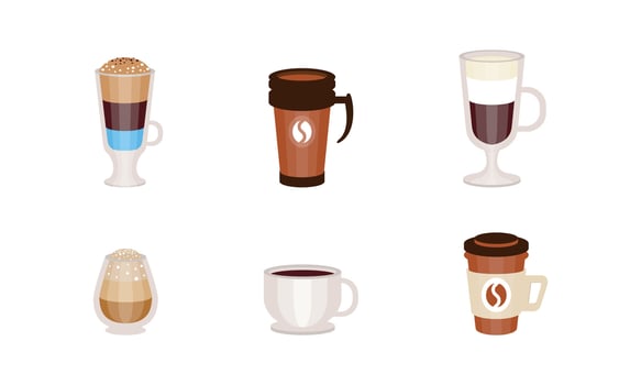 Coffee Cups Collection, Disposable Plastic, Paper, Ceramic and Glass Tableware, Cafe, Restaurant Menu Design Cartoon Illustration vector