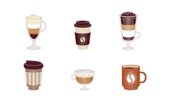 Set of Coffee Cups, Disposable Plastic, Paper, Ceramic and Glass Mugs, Cafe, Restaurant Menu Design Cartoon Illustration vector