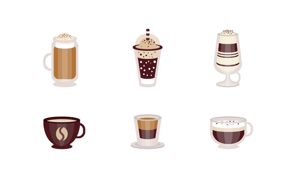 Coffee Drinks Collection, Disposable Plastic, Paper, Ceramic and Glass Tableware, Cafe, Restaurant Menu Design Cartoon Illustration vector