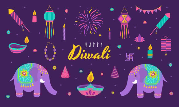 Colorful elephants and Diwali decorations vector