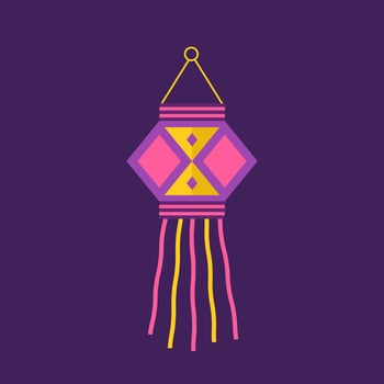 Diwali sky lantern. Indian festival of lights icon. Colorful deepavali sign on purple background. illustration in flat cartoon style vector