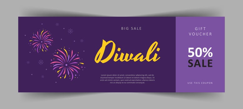 Diwali gift voucher. Commercial discount coupon with fireworks. Indian festival of lights. illustration in cartoon style vector