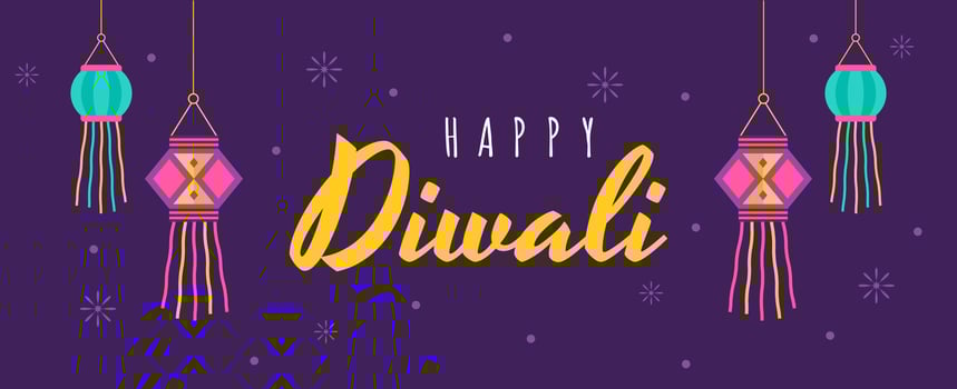 Purple Diwali greeting banner. Holiday background for celebration Indian festival of lights. illustration in flat cartoon style vector