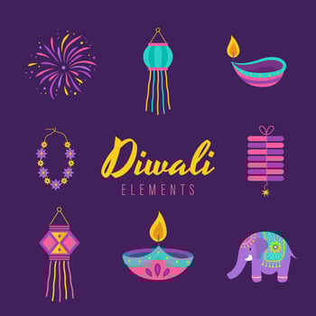 Diwali elements bundle. Indian festival of lights icon set. Colorful deepavali signs on purple background. illustration in flat cartoon style vector