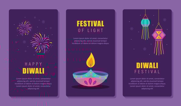 Diwali greeting posters set. Holiday backgrounds for celebration Indian festival of lights. Social media stories templates. illustration in flat cartoon style vector