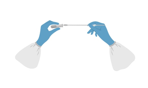 PCR test. Hands hold test tube with sample. Nasal swab laboratory analysis of biomaterial. Covid-19 Coronavirus testing for antibodies. illustration in flat cartoon style vector