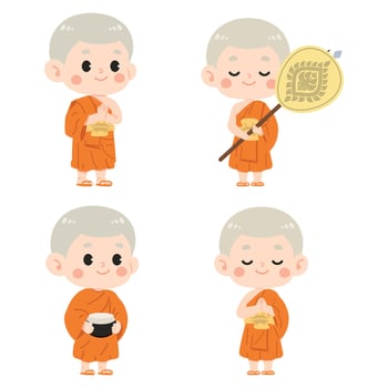 Cartoon Illustration of Buddhist Monk Characters set vector