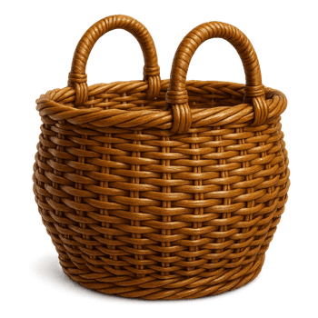Brown wicker basket with handle for storage and carrying png